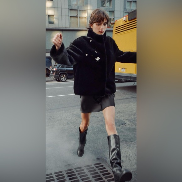 ZARA RHINESTONE JEWEL DETAIL FAUX FUR JACKET COAT ZW COLLECTION | M | NWT - Picture 3 of 12